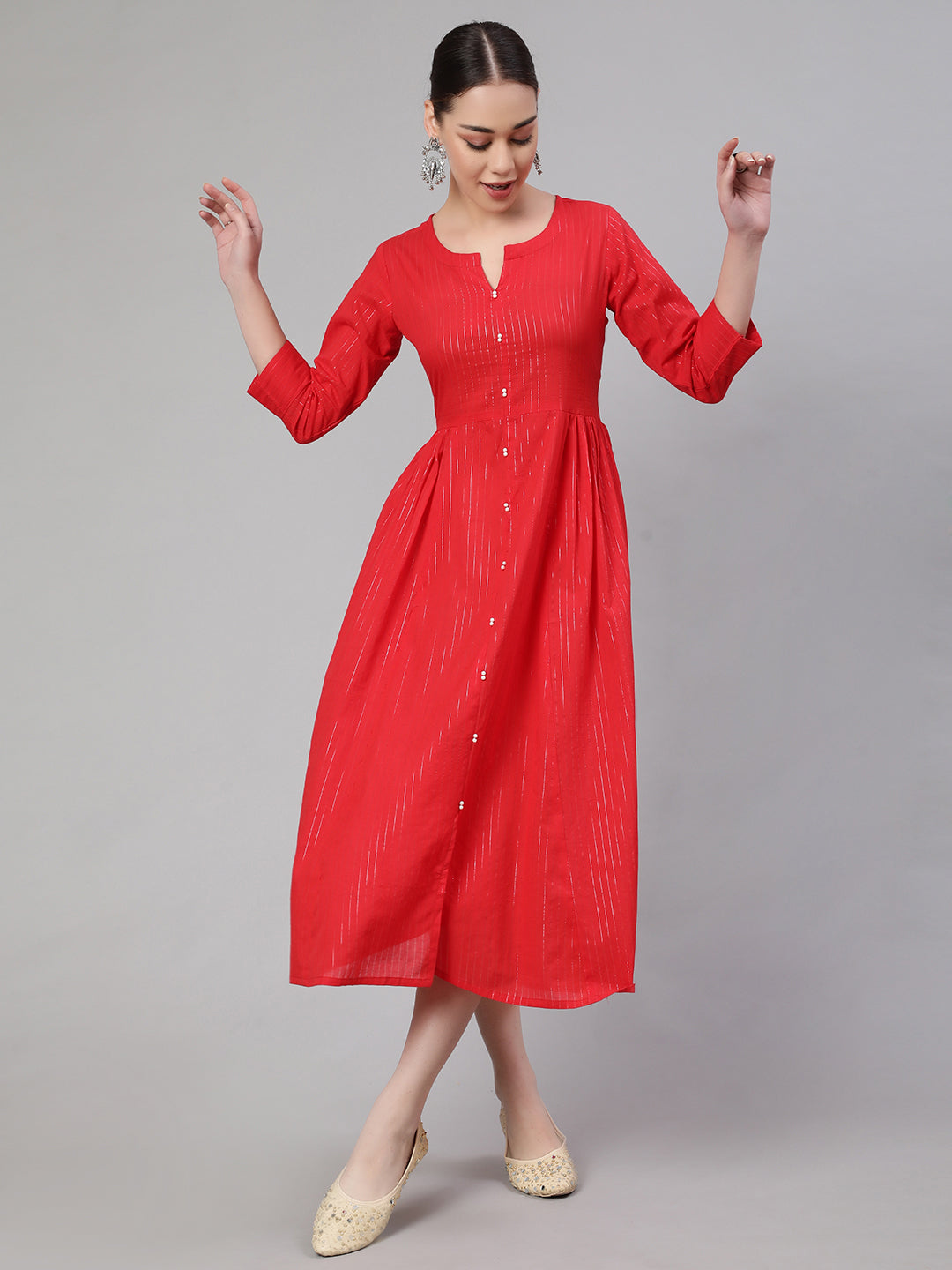 Red Striped Flared Dress With Three Quarter Sleeves