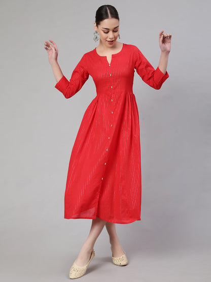 Red Striped Flared Dress With Three Quarter Sleeves