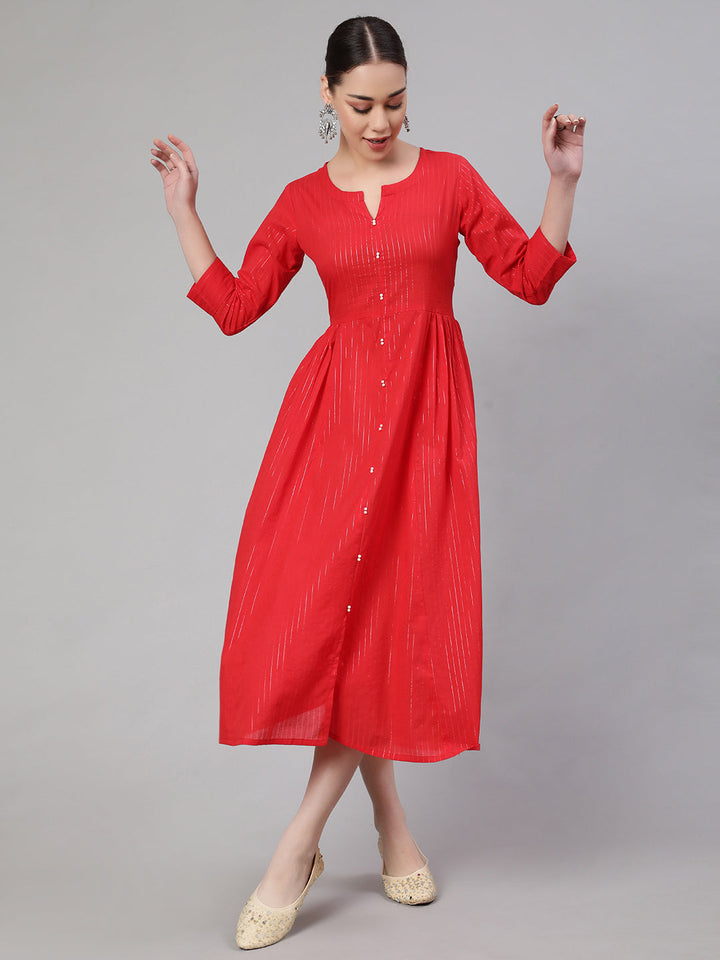 Red Striped Flared Dress With Three Quarter Sleeves