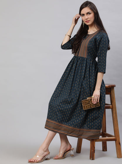 Teal Blue Ethnic Printed Flared Dress With Three Quarter Sleeves