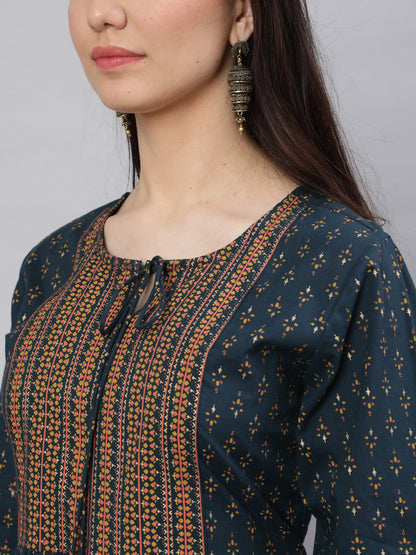 Teal Blue Ethnic Printed Flared Dress With Three Quarter Sleeves