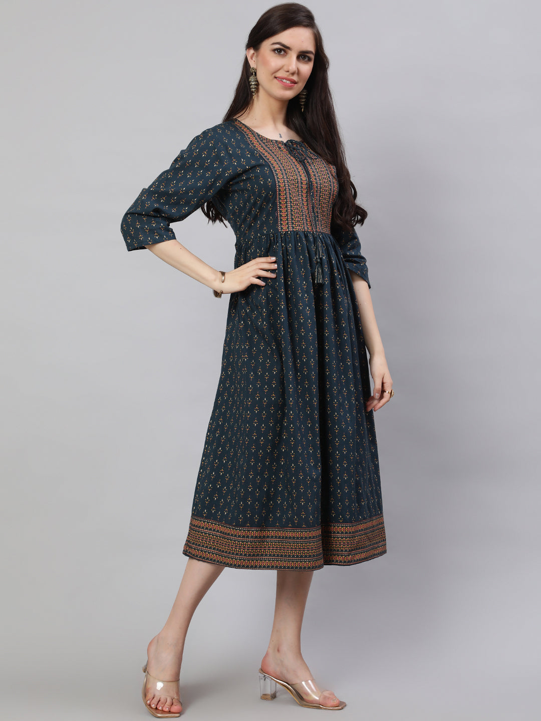 Teal Blue Ethnic Printed Flared Dress With Three Quarter Sleeves