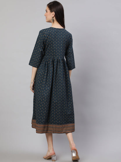 Teal Blue Ethnic Printed Flared Dress With Three Quarter Sleeves