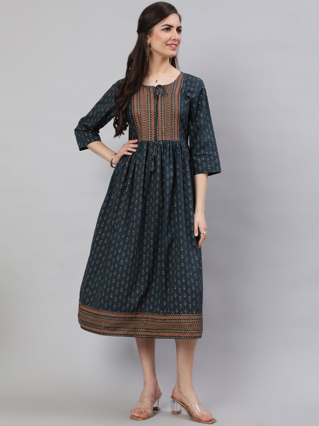 Teal Blue Ethnic Printed Flared Dress With Three Quarter Sleeves