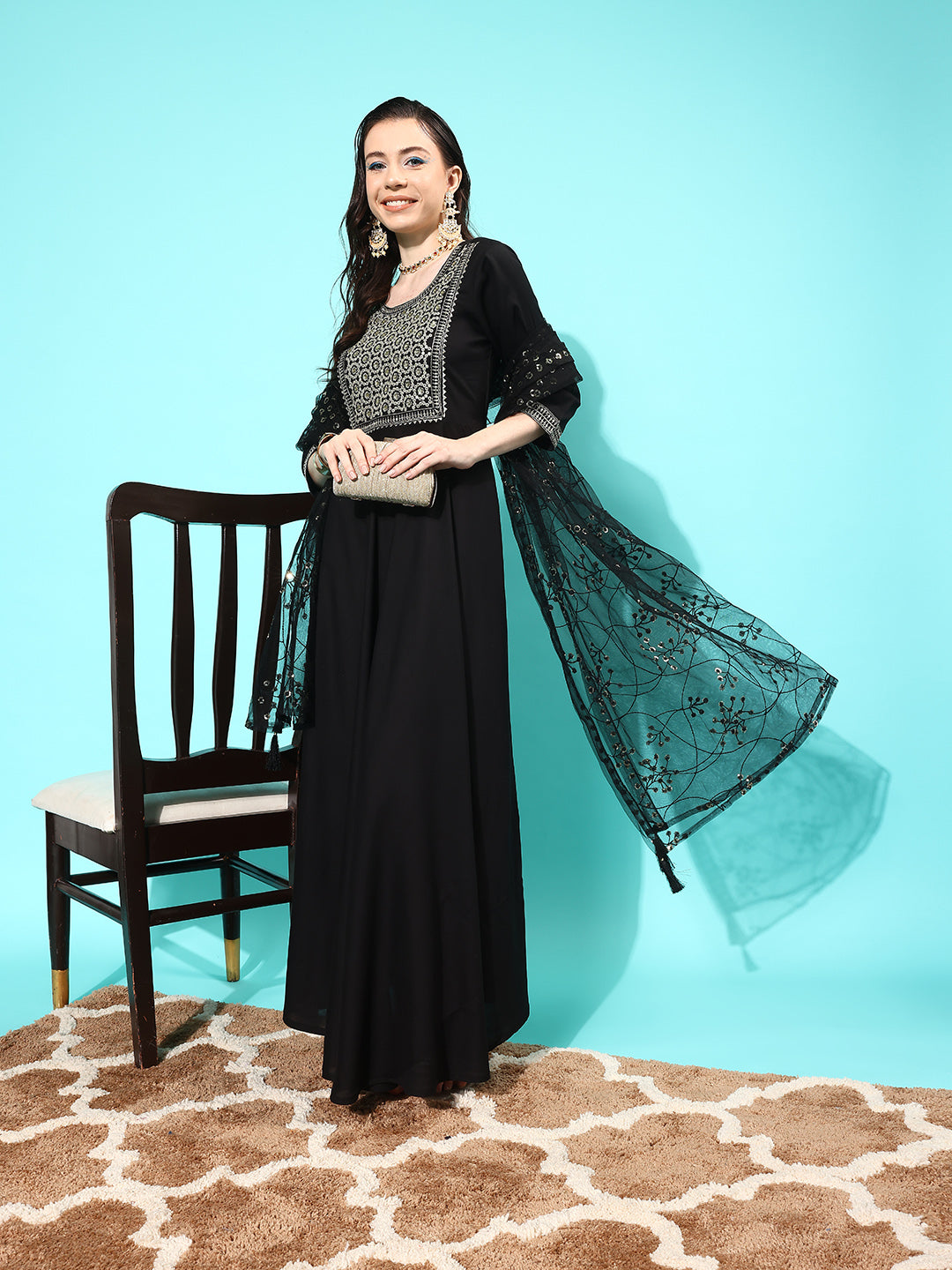Black Embroidered Solid Dress With Net Sequence Dupatta