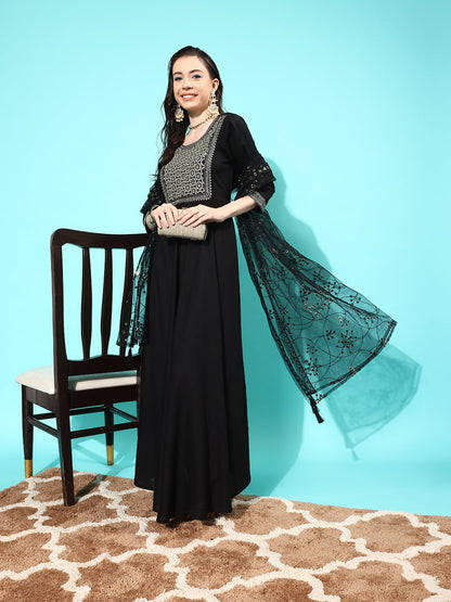 Black Embroidered Solid Dress With Net Sequence Dupatta