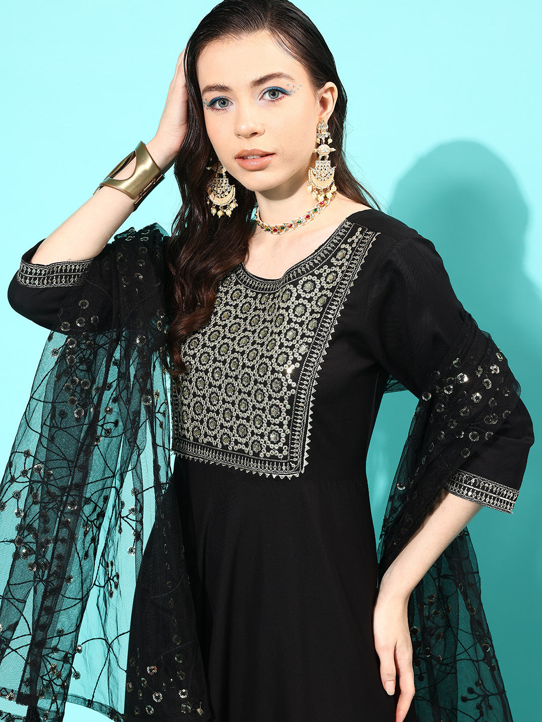Black Embroidered Solid Dress With Net Sequence Dupatta