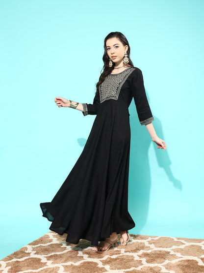 Black Embroidered Solid Dress With Net Sequence Dupatta