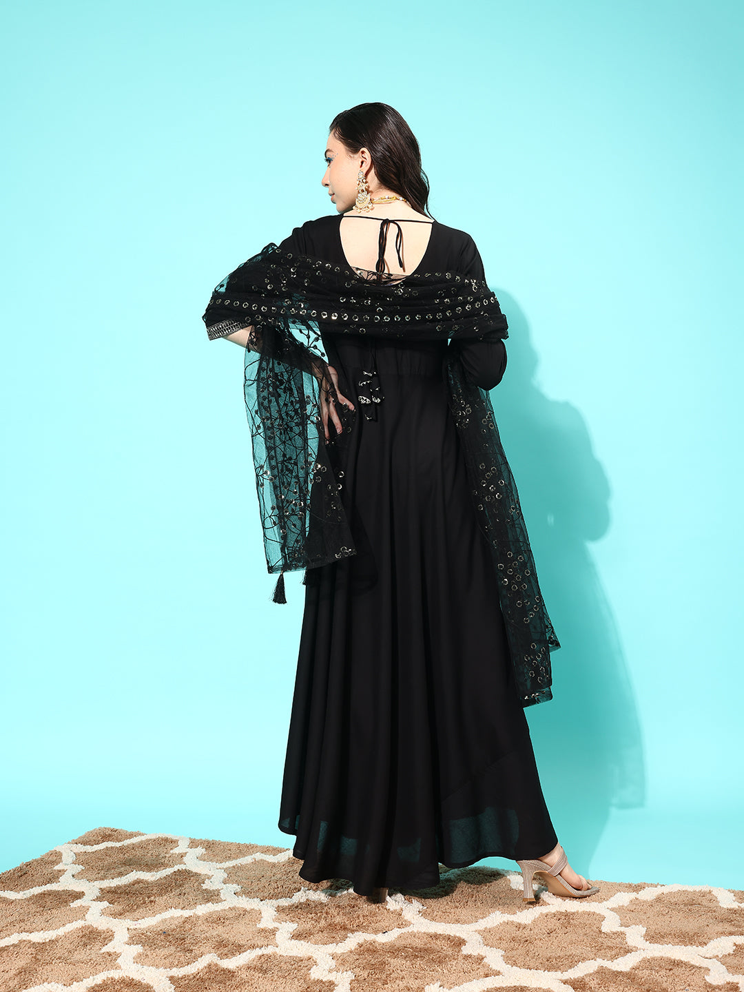 Black Embroidered Solid Dress With Net Sequence Dupatta