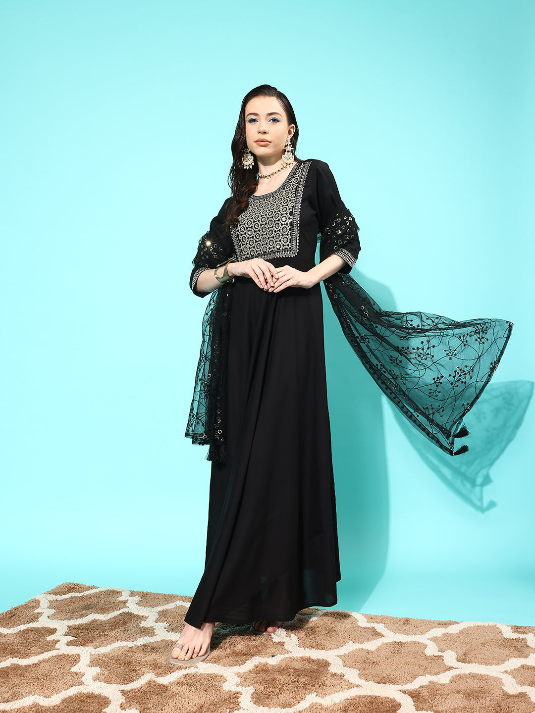 Black Embroidered Solid Dress With Net Sequence Dupatta