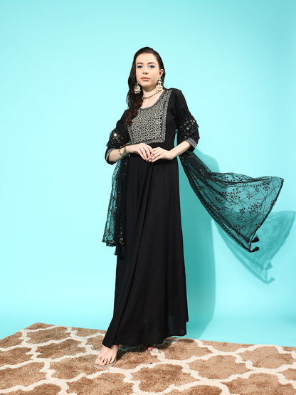 Black Embroidered Solid Dress With Net Sequence Dupatta