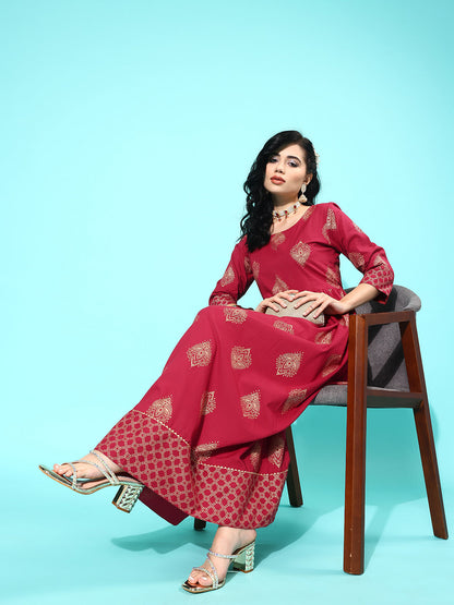Maroon Ethnic Printed Flared Dress With Three Quarter Sleeves
