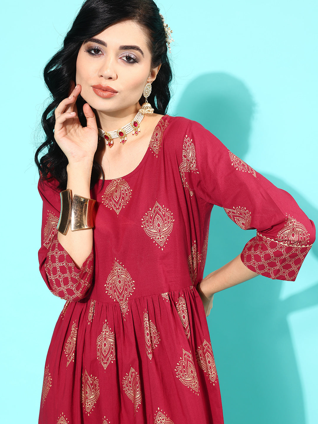 Maroon Ethnic Printed Flared Dress With Three Quarter Sleeves