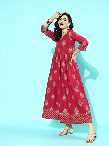 Maroon Ethnic Printed Flared Dress With Three Quarter Sleeves
