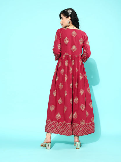 Maroon Ethnic Printed Flared Dress With Three Quarter Sleeves