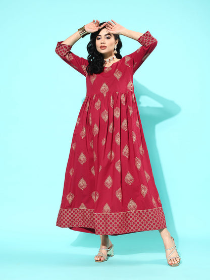 Maroon Ethnic Printed Flared Dress With Three Quarter Sleeves