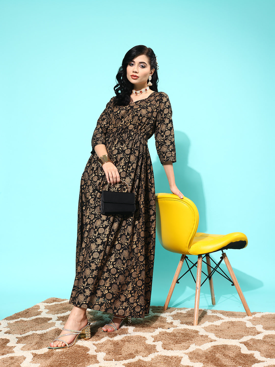 Black Floral Printed Flared Dress With Three Quarter Sleeves