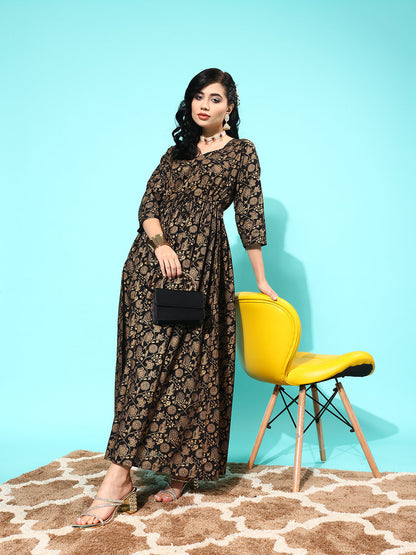 Black Floral Printed Flared Dress With Three Quarter Sleeves