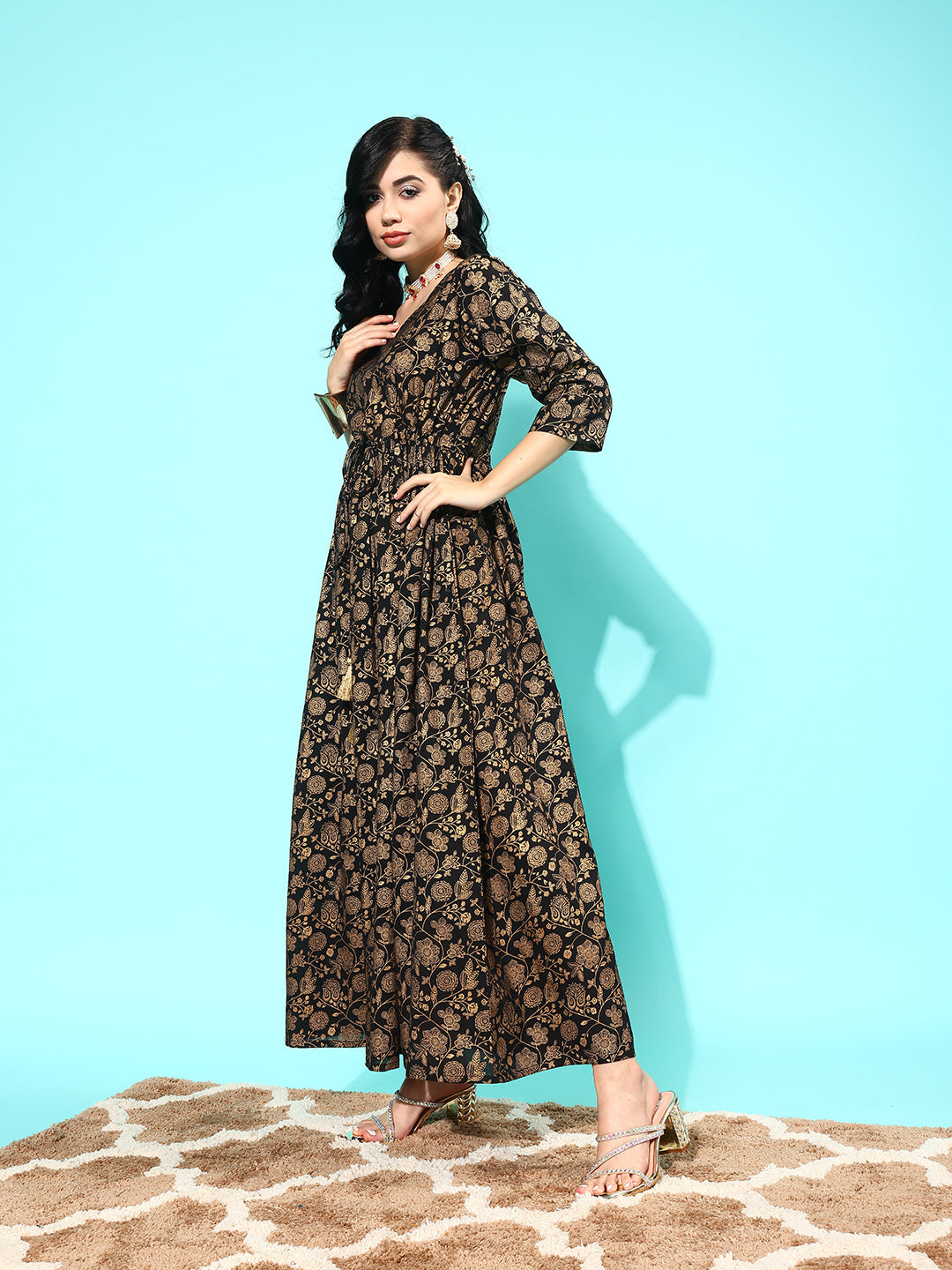 Black Floral Printed Flared Dress With Three Quarter Sleeves