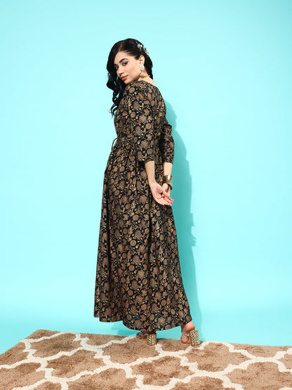 Black Floral Printed Flared Dress With Three Quarter Sleeves