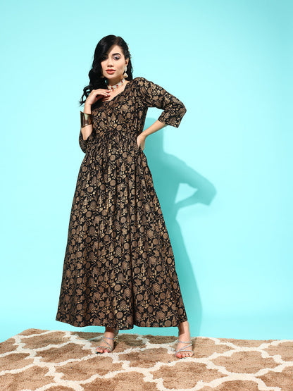 Black Floral Printed Flared Dress With Three Quarter Sleeves