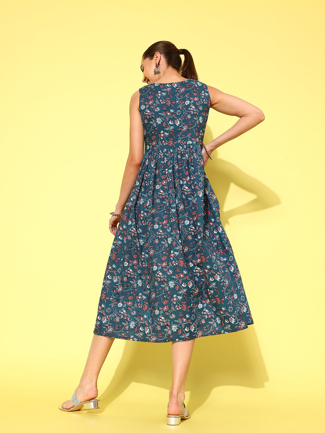 Blue Floral Printed Sleeveless Dress