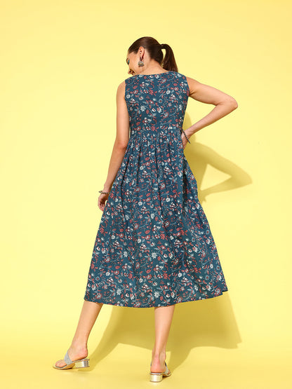 Blue Floral Printed Sleeveless Dress