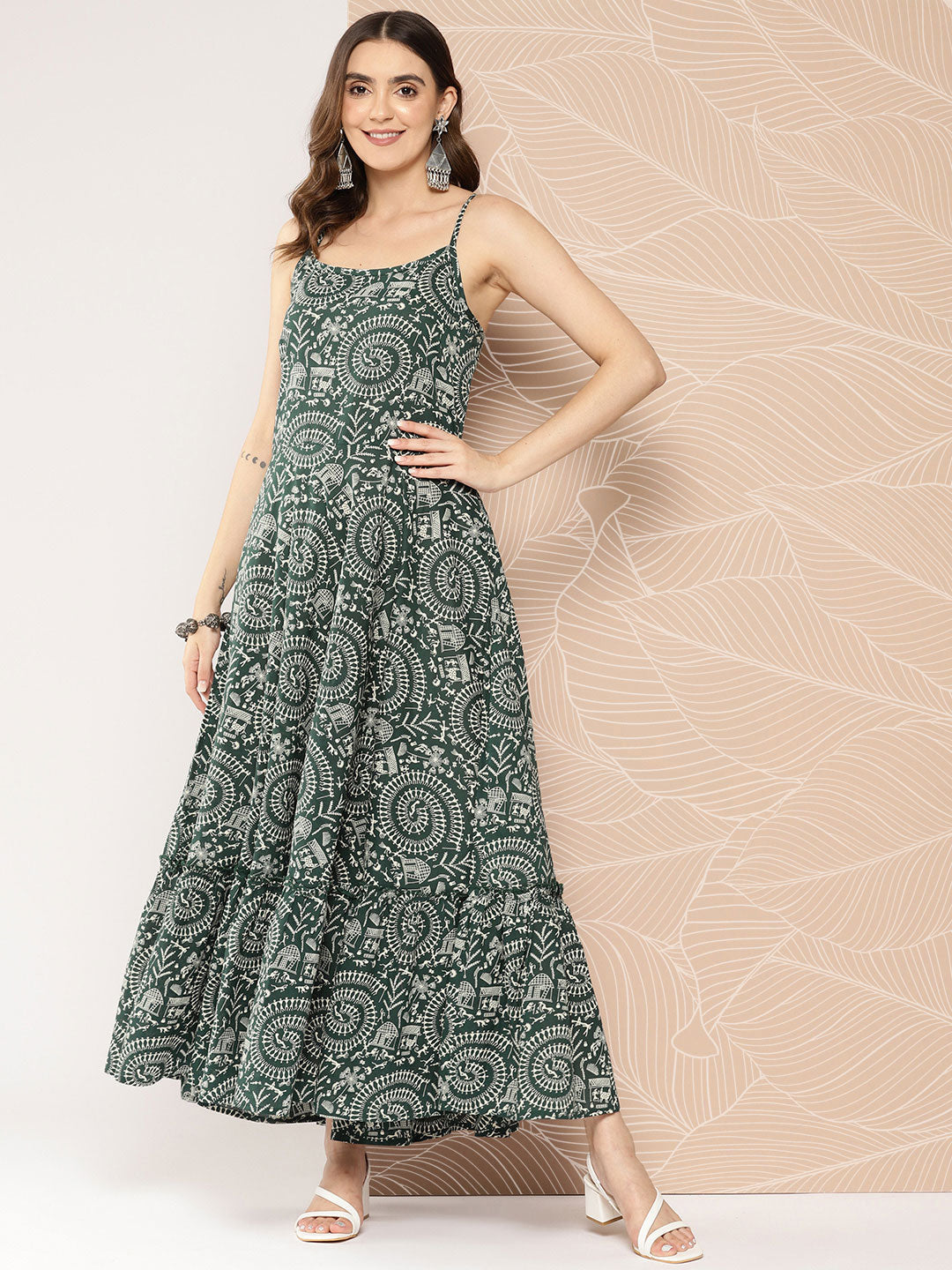 Green Printed Tiered Dress With Shoulder Straps