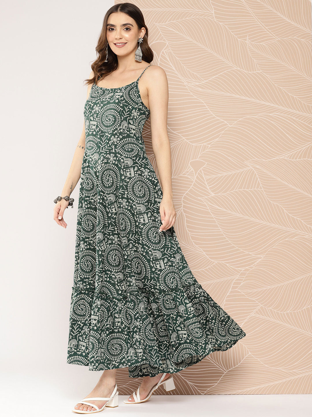Green Printed Tiered Dress With Shoulder Straps