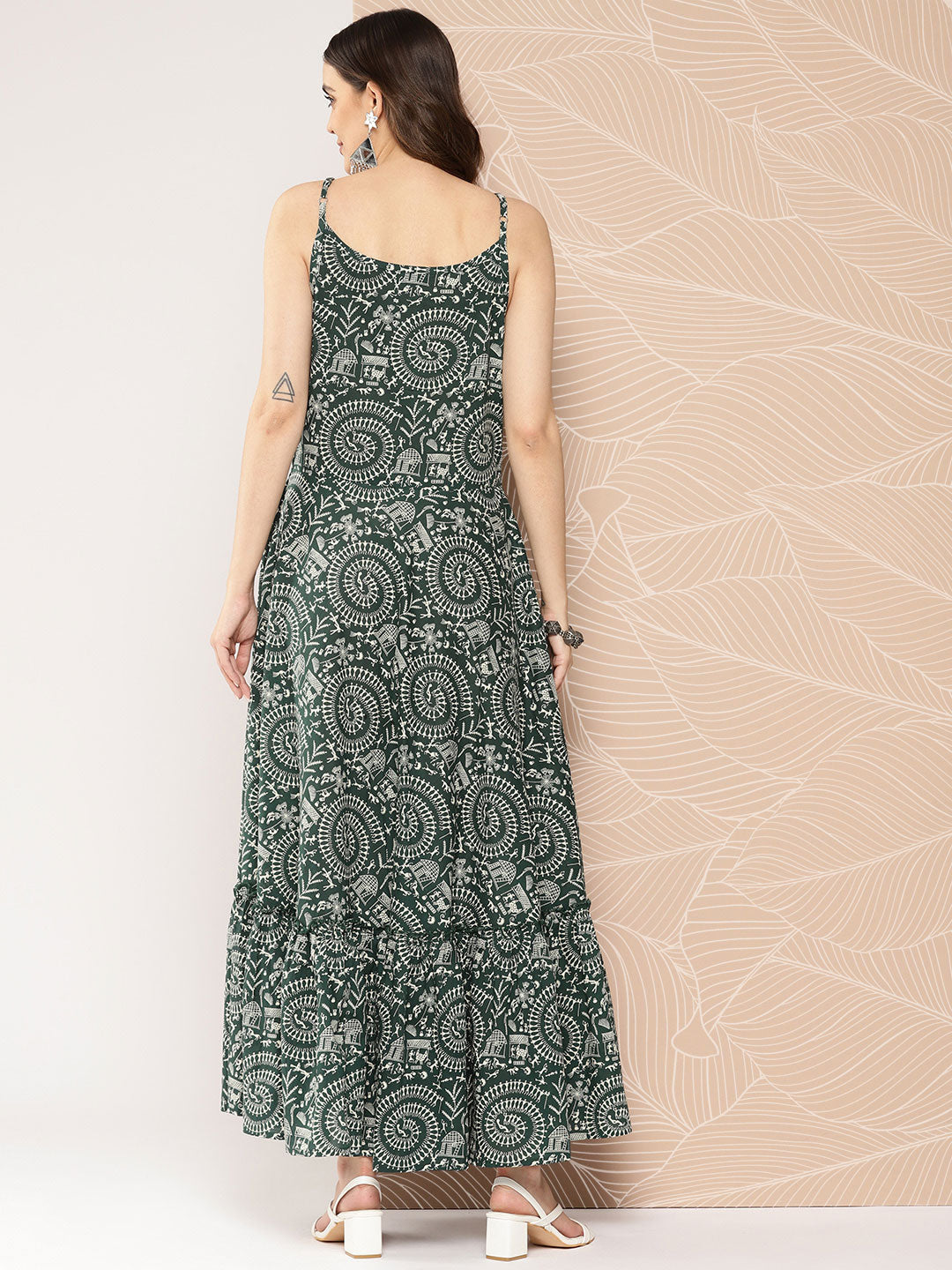 Green Printed Tiered Dress With Shoulder Straps