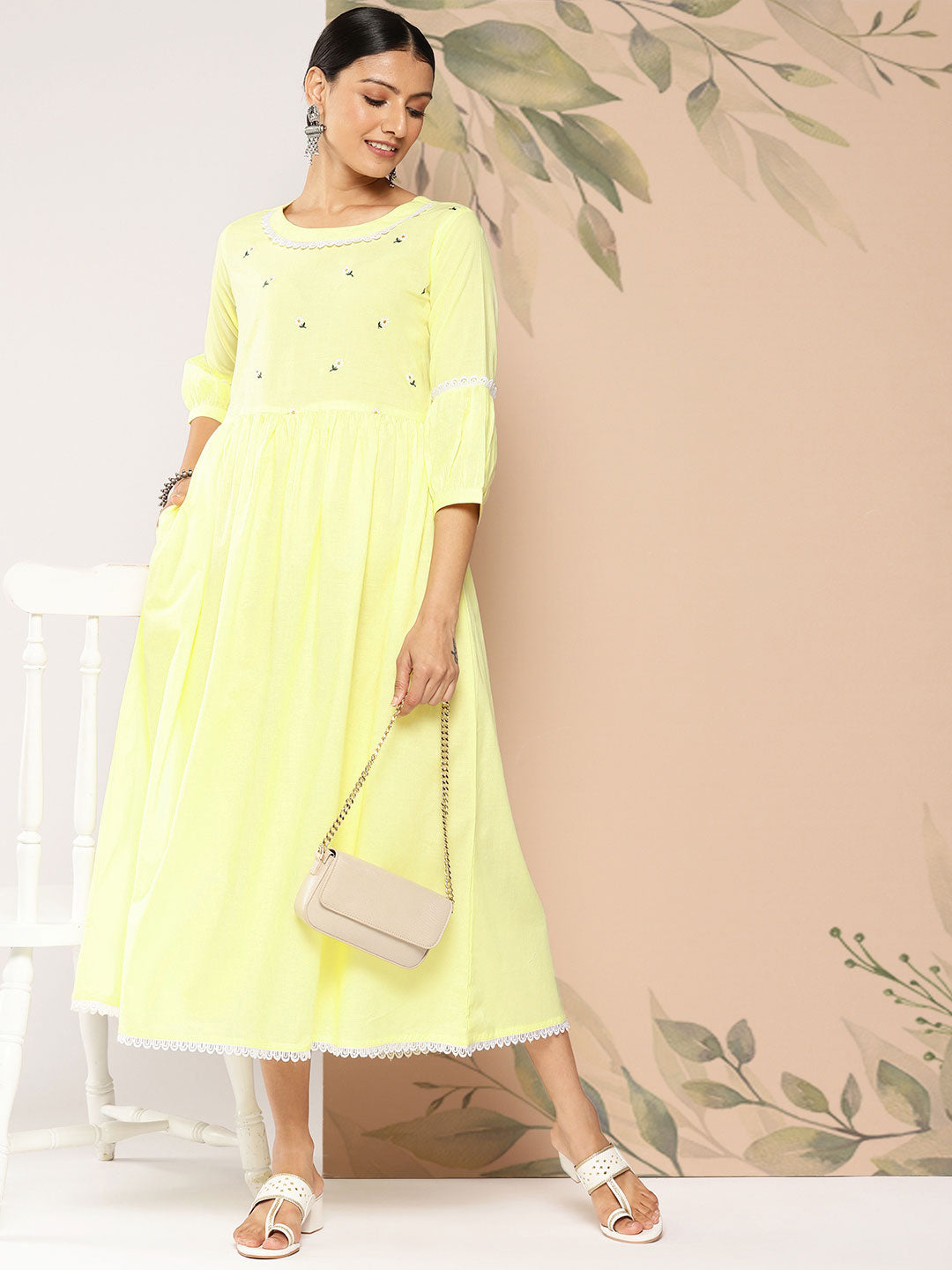 Yellow Embroidered Flared Dress With Three Quarter Sleeves