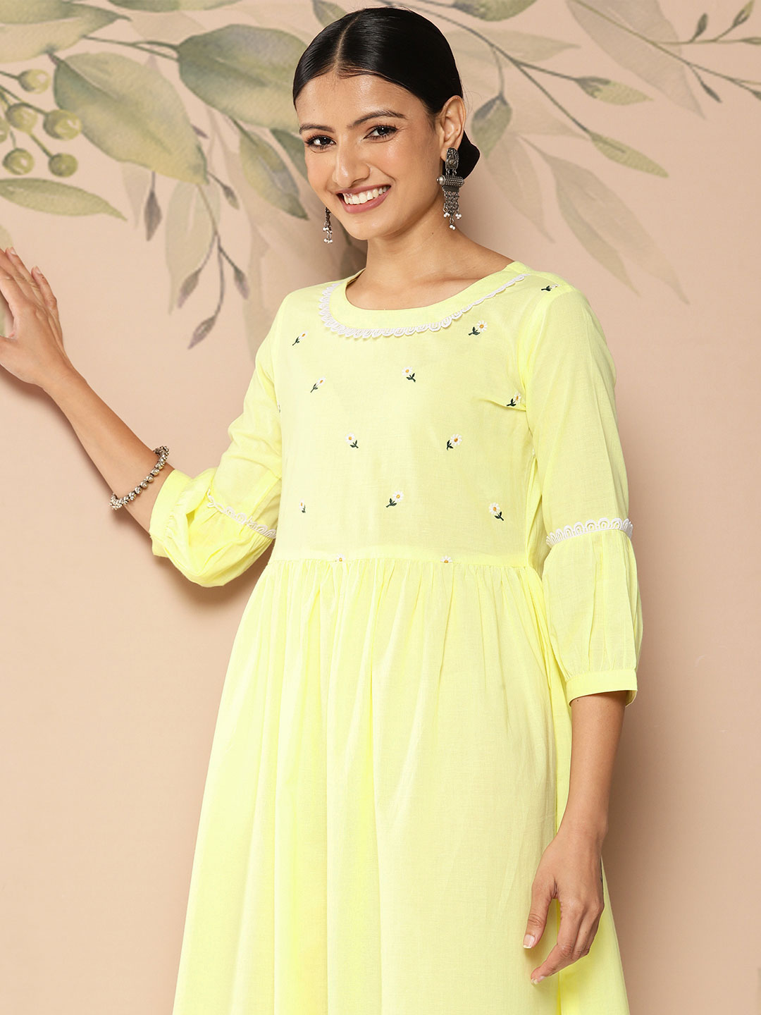 Yellow Embroidered Flared Dress With Three Quarter Sleeves
