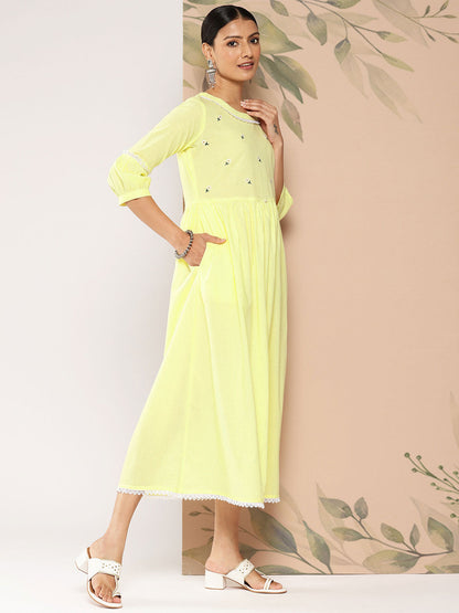 Yellow Embroidered Flared Dress With Three Quarter Sleeves