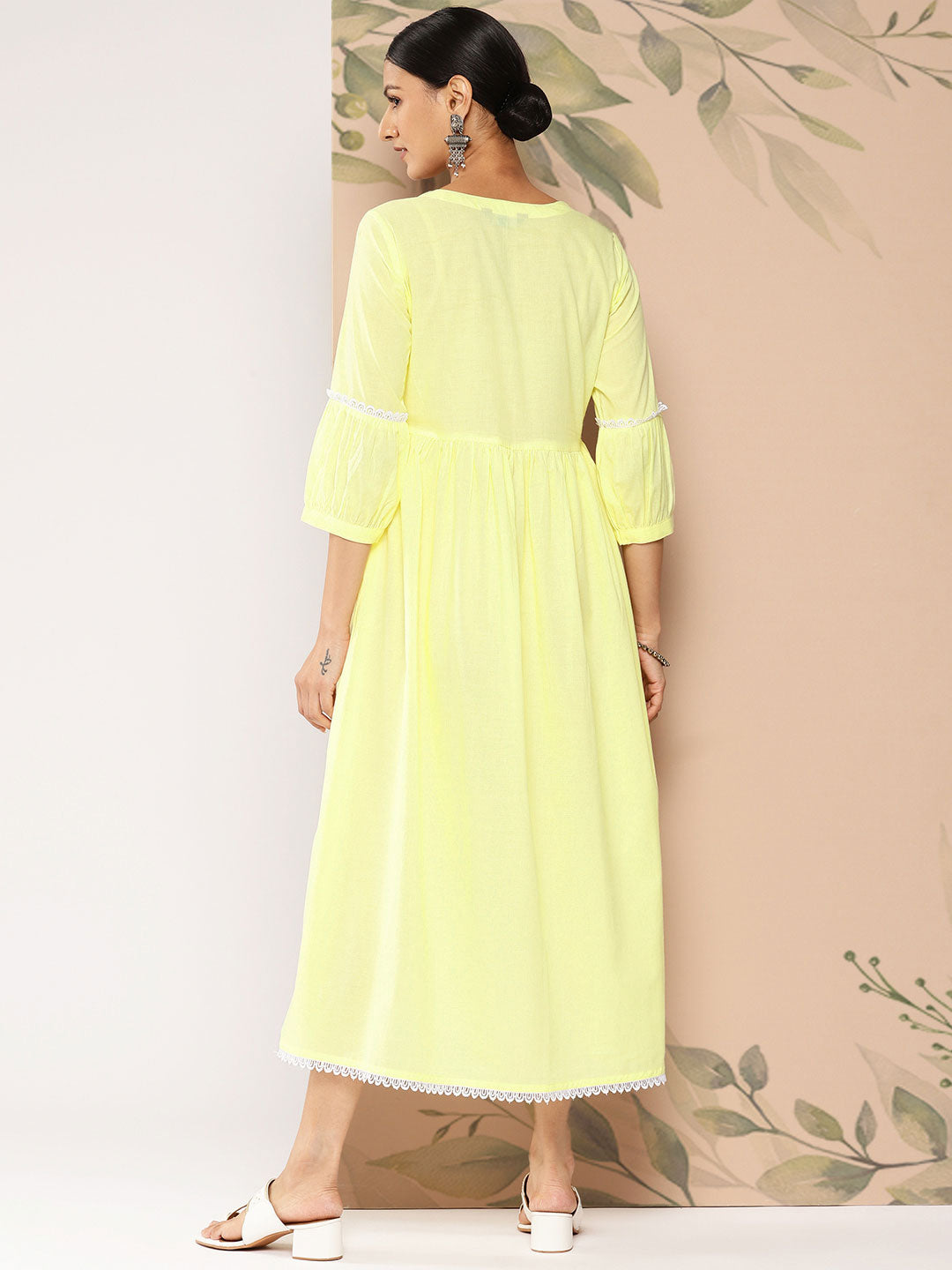 Yellow Embroidered Flared Dress With Three Quarter Sleeves