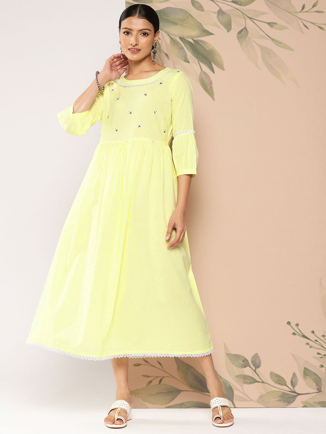 Yellow Embroidered Flared Dress With Three Quarter Sleeves