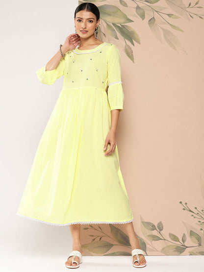 Yellow Embroidered Flared Dress With Three Quarter Sleeves