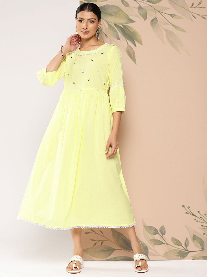 Yellow Embroidered Flared Dress With Three Quarter Sleeves