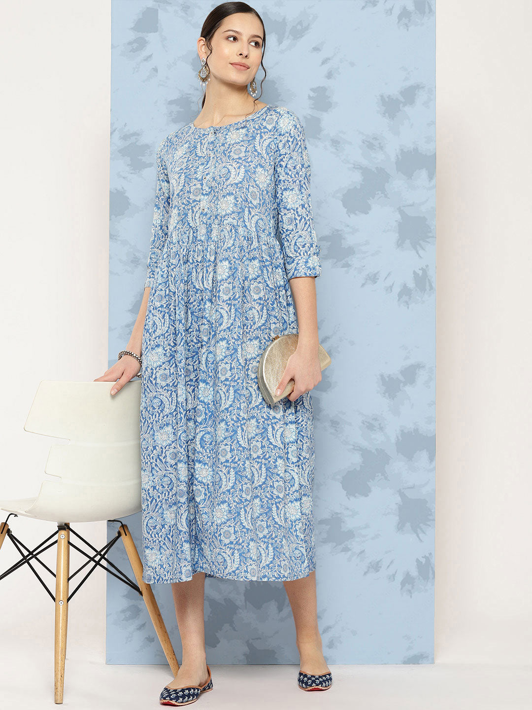 Blue Printed Flared Dress With Three Quarter Sleeves