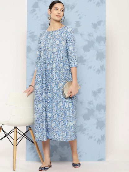 Blue Printed Flared Dress With Three Quarter Sleeves