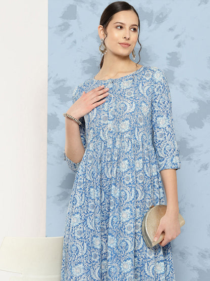 Blue Printed Flared Dress With Three Quarter Sleeves