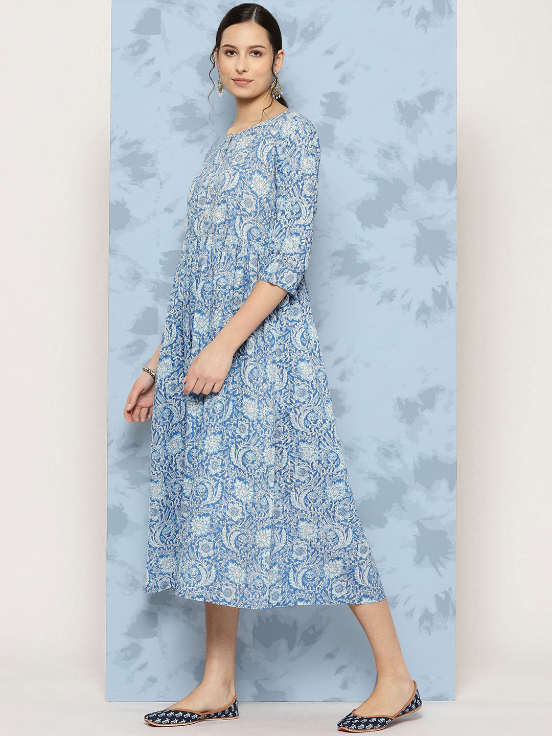 Blue Printed Flared Dress With Three Quarter Sleeves