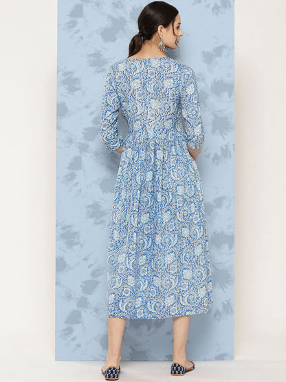 Blue Printed Flared Dress With Three Quarter Sleeves