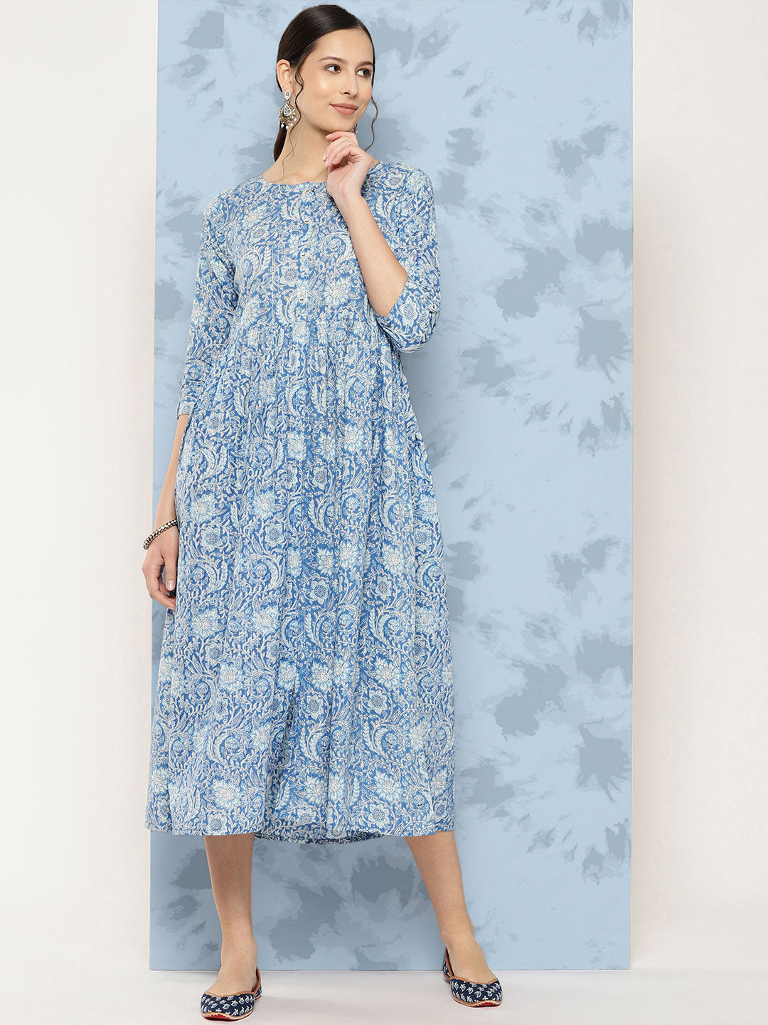 Blue Printed Flared Dress With Three Quarter Sleeves