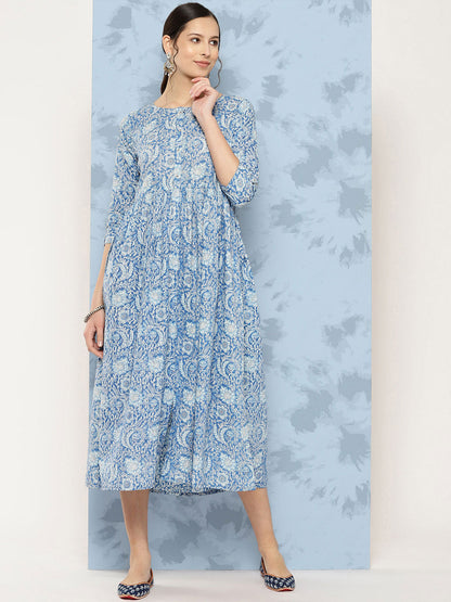 Blue Printed Flared Dress With Three Quarter Sleeves