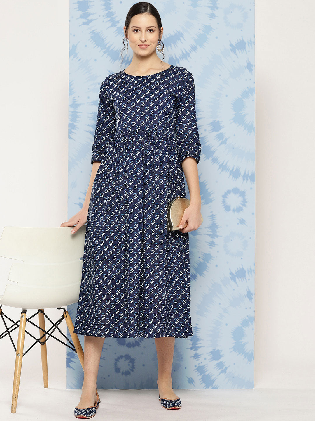 Navy Blue Printed Flared Dress With Three Quarter Sleeves