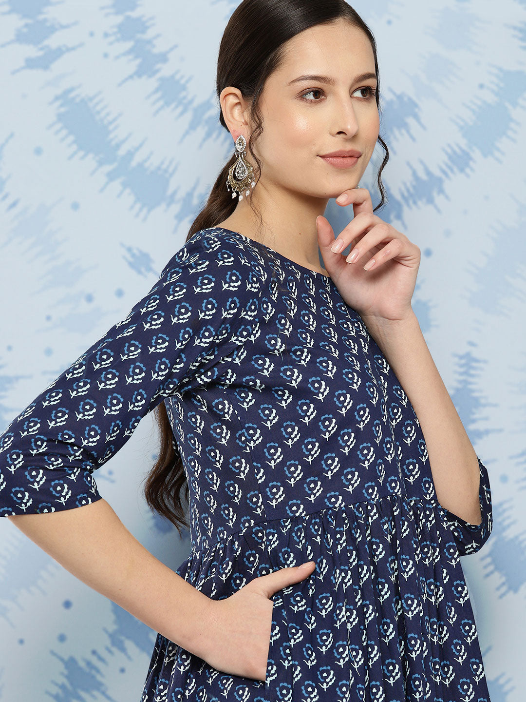 Navy Blue Printed Flared Dress With Three Quarter Sleeves