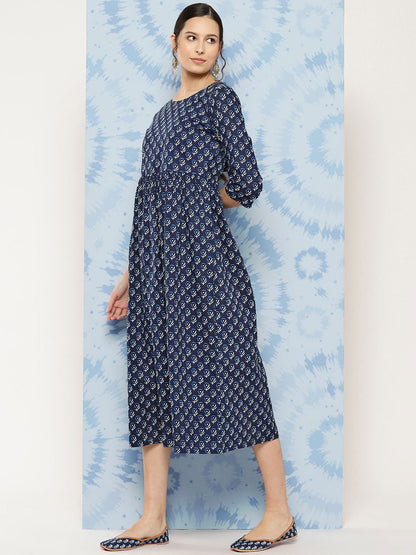 Navy Blue Printed Flared Dress With Three Quarter Sleeves