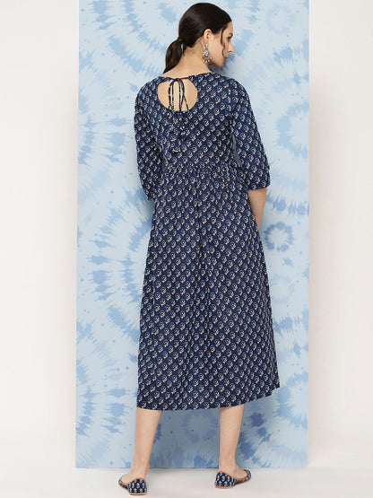 Navy Blue Printed Flared Dress With Three Quarter Sleeves