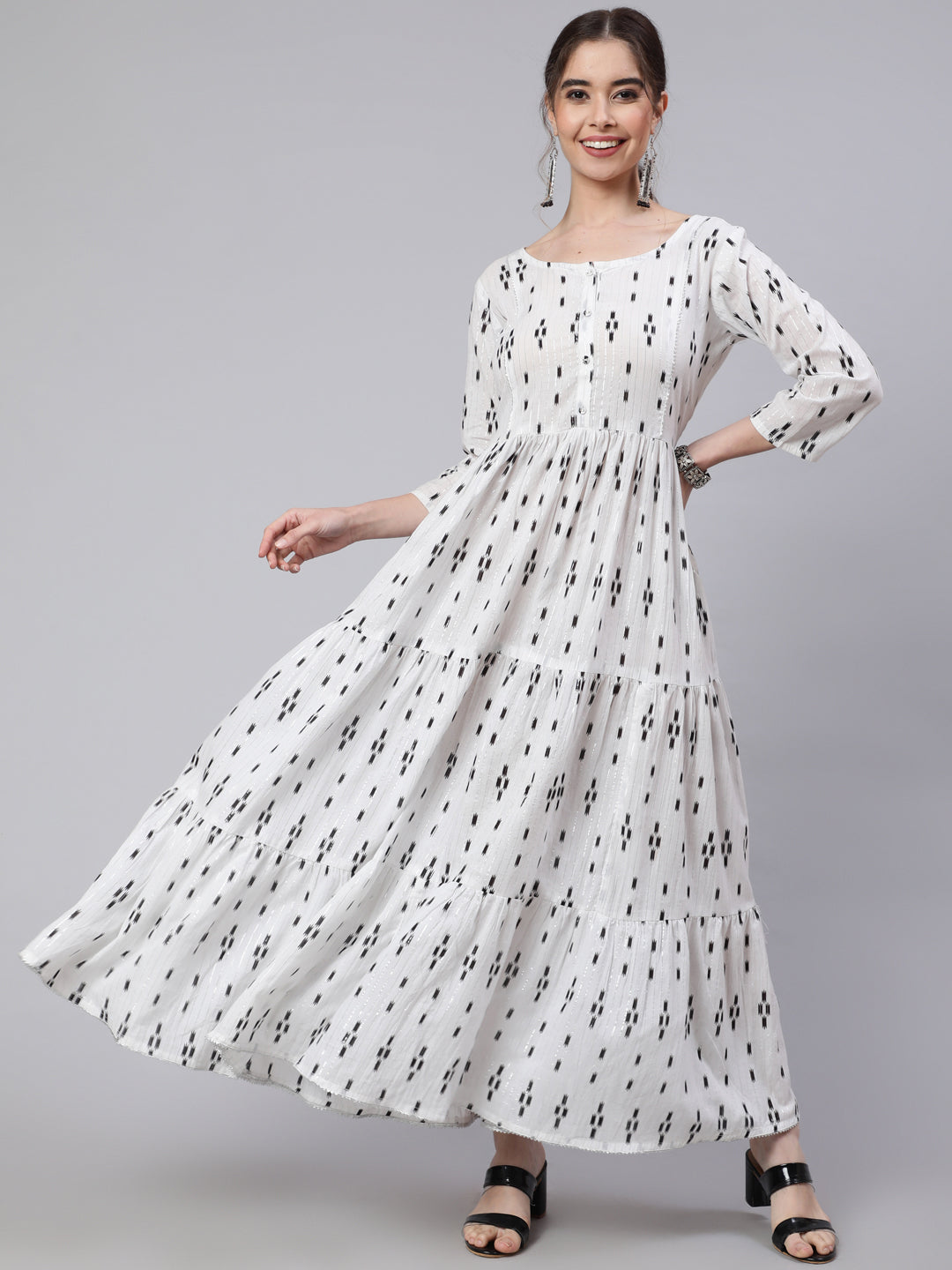 Off White Ikat Printed Flared Dress With Three Quarter Sleeves
