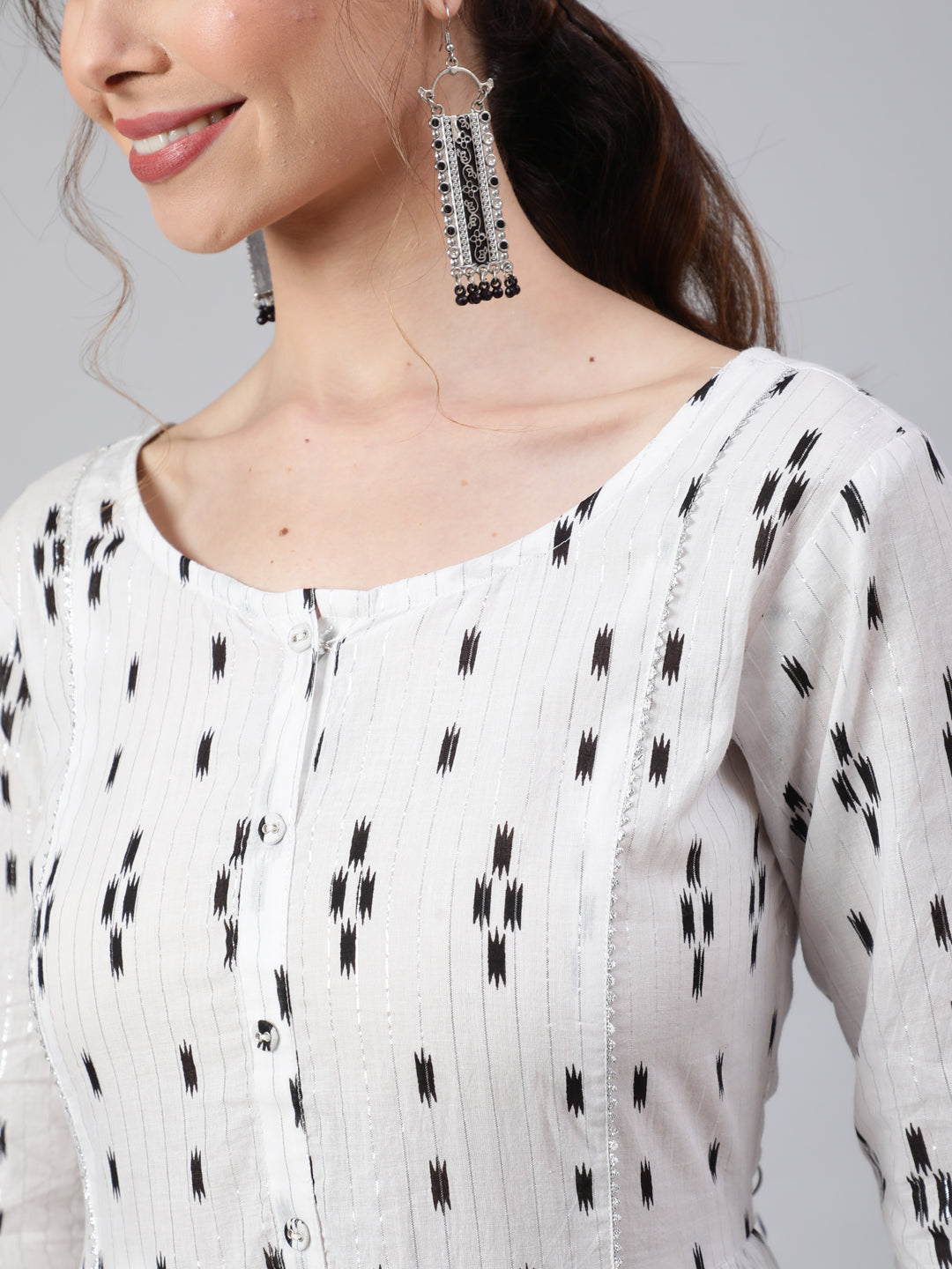 Off White Ikat Printed Flared Dress With Three Quarter Sleeves